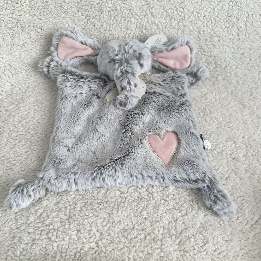 New Demdaco Lovey Flat Elephant Stitched Eyes Grey Pink Velvet Heart Applique